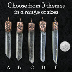 Five pendants of clear quartz points with inscribed copper caps aligned and labeled next to a dime to show scale, titled on dark background