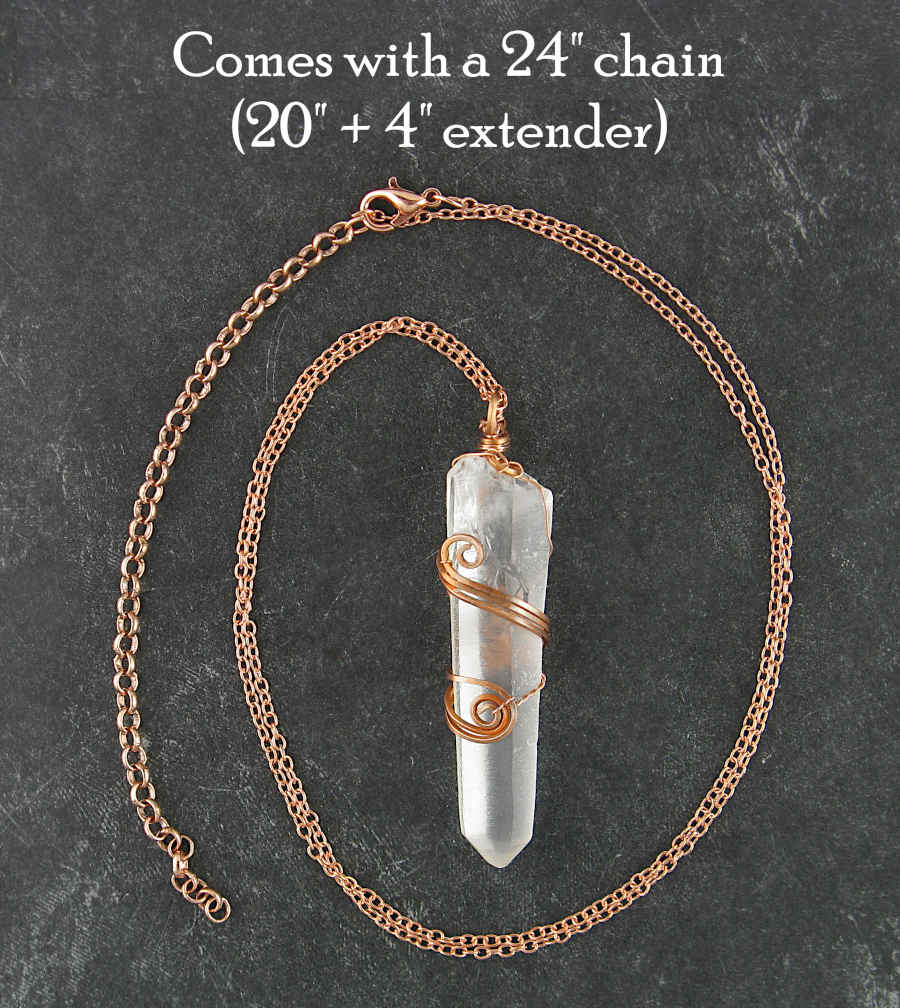 Raw Quartz Crystal Point Pendant Necklace, Copper Wire-Wrapped, with 24" Chain, Rough Gemstone Handmade front view with chain