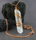 Raw Quartz Crystal Point Pendant Necklace, Copper Wire-Wrapped, with 24" Chain, Rough Gemstone Handmade front view with chain