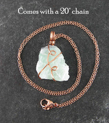 Raw Fluorite Crystal Pendant Necklace Copper Swirl Wire-Wrapped with 20" Chain Blue Green Purple Rough Gemstone with 20 inch chain