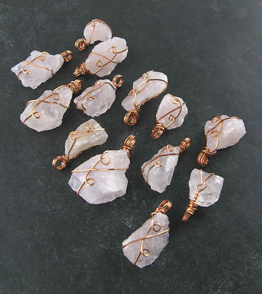 Copper Wire-Wrapped Raw Rose Quartz Crystal Pendant, Handmade | Woot and Hammy