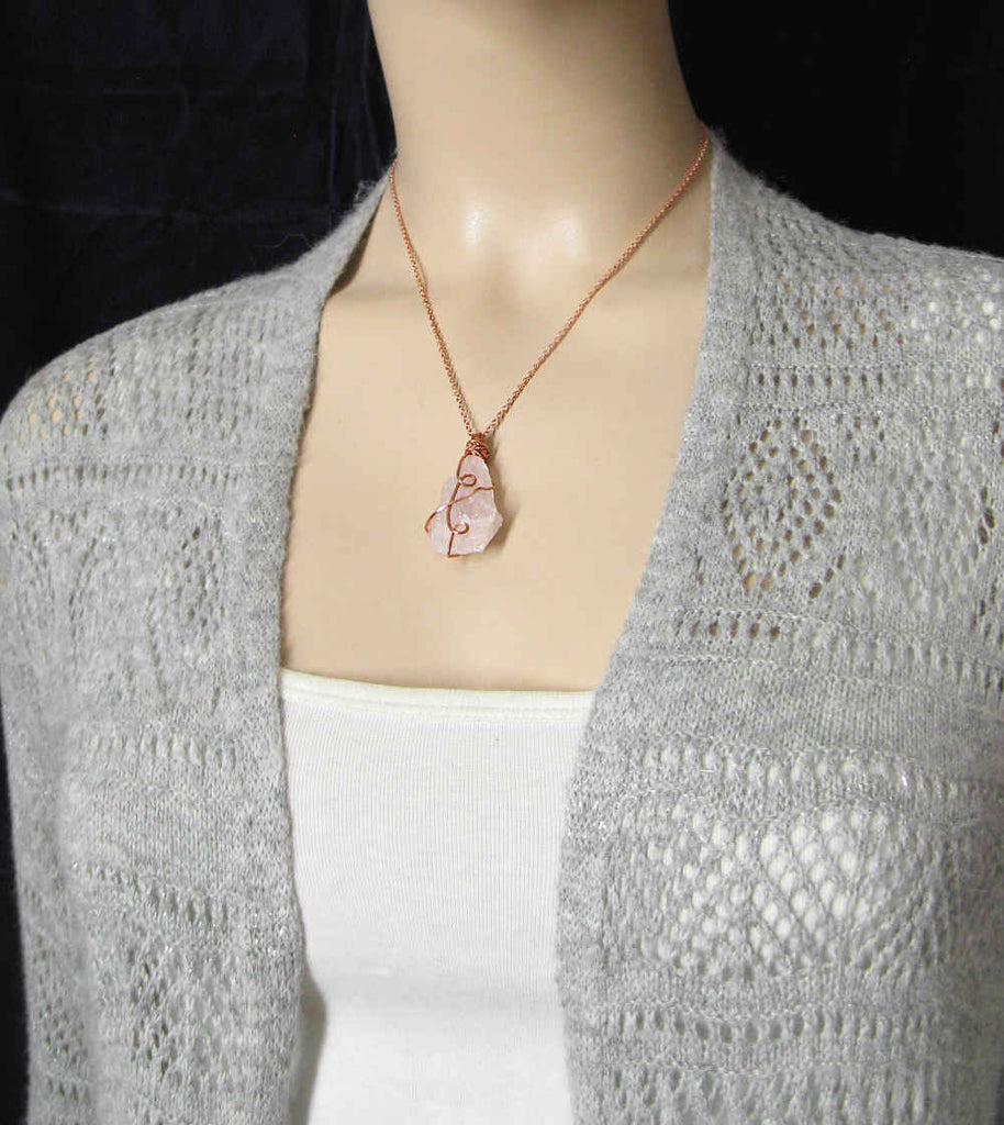 Raw Rose Quartz Swirl Pendant Necklace Copper Wire Wrapped Pink Rough Gemstone Love Friendship Healing