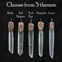 Five clear crystal point pendants with engraved copper-toned tops are shown on a black textured background, with white text reading 'Choose from 5 themes' and labels 'Reiki', '3rd Degree', 'Evil Eye', 'Pentacle', and 'Lotus'.