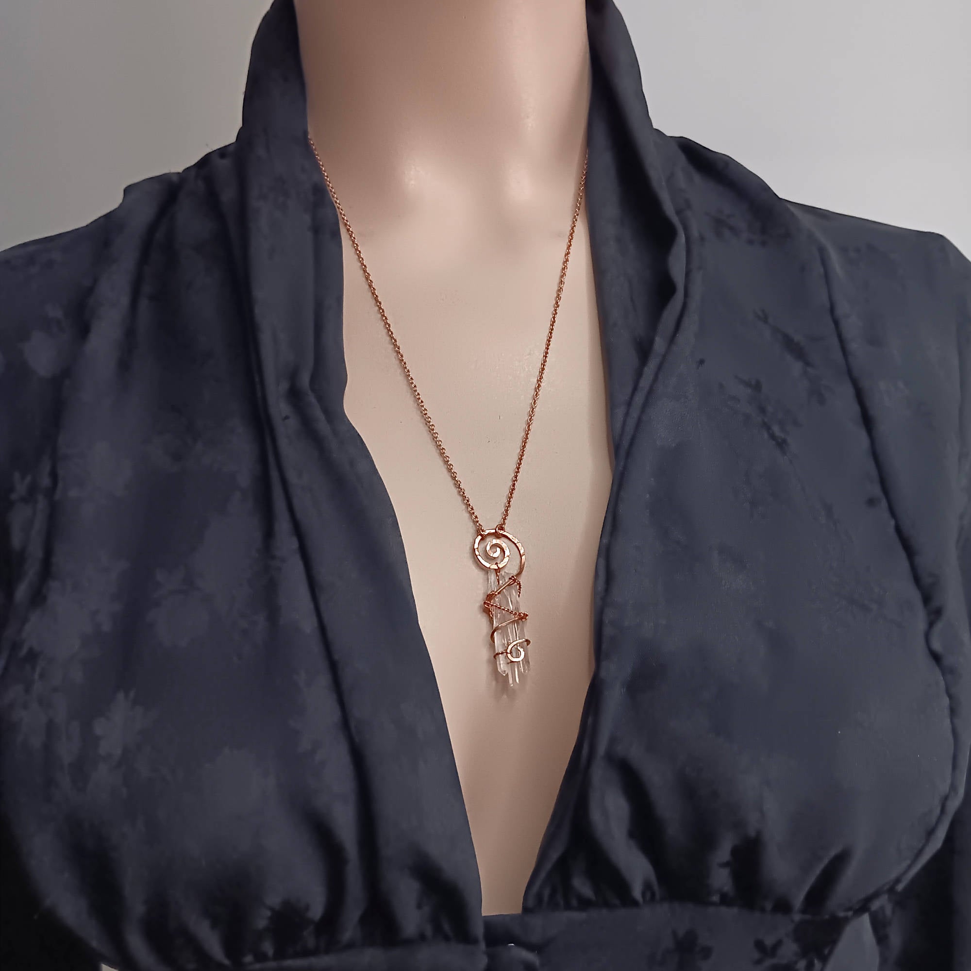 3 Tiny Raw Quartz Crystals Spiral Wire-Wrapped Pendant in Copper, Handmade Necklace