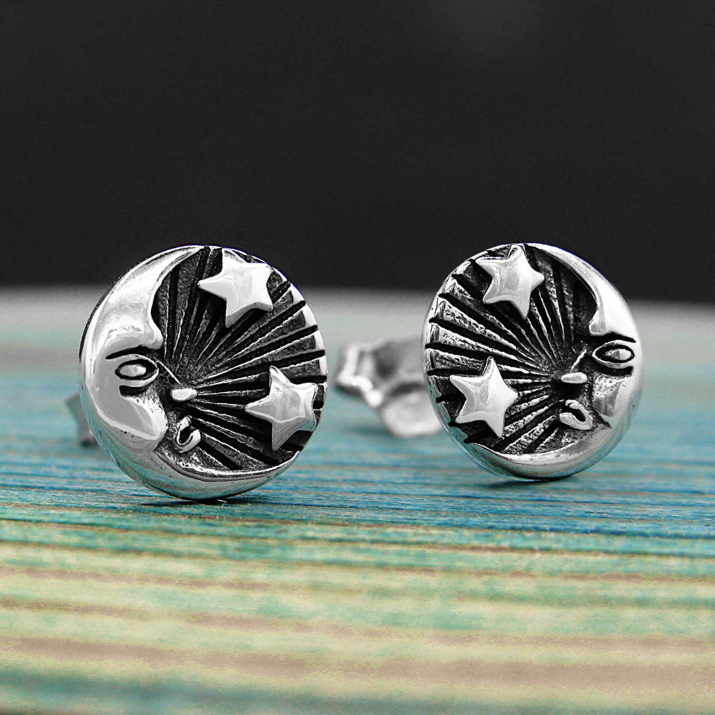 Man-In-The-Moon Stars Moonbeams Crescent Night Oxidized Post Earrings | Woot & Hammy