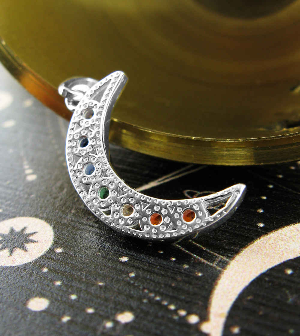 Crescent Moon with Seven Rainbow-Colored CZ Diamonds Pendant | Woot & Hammy