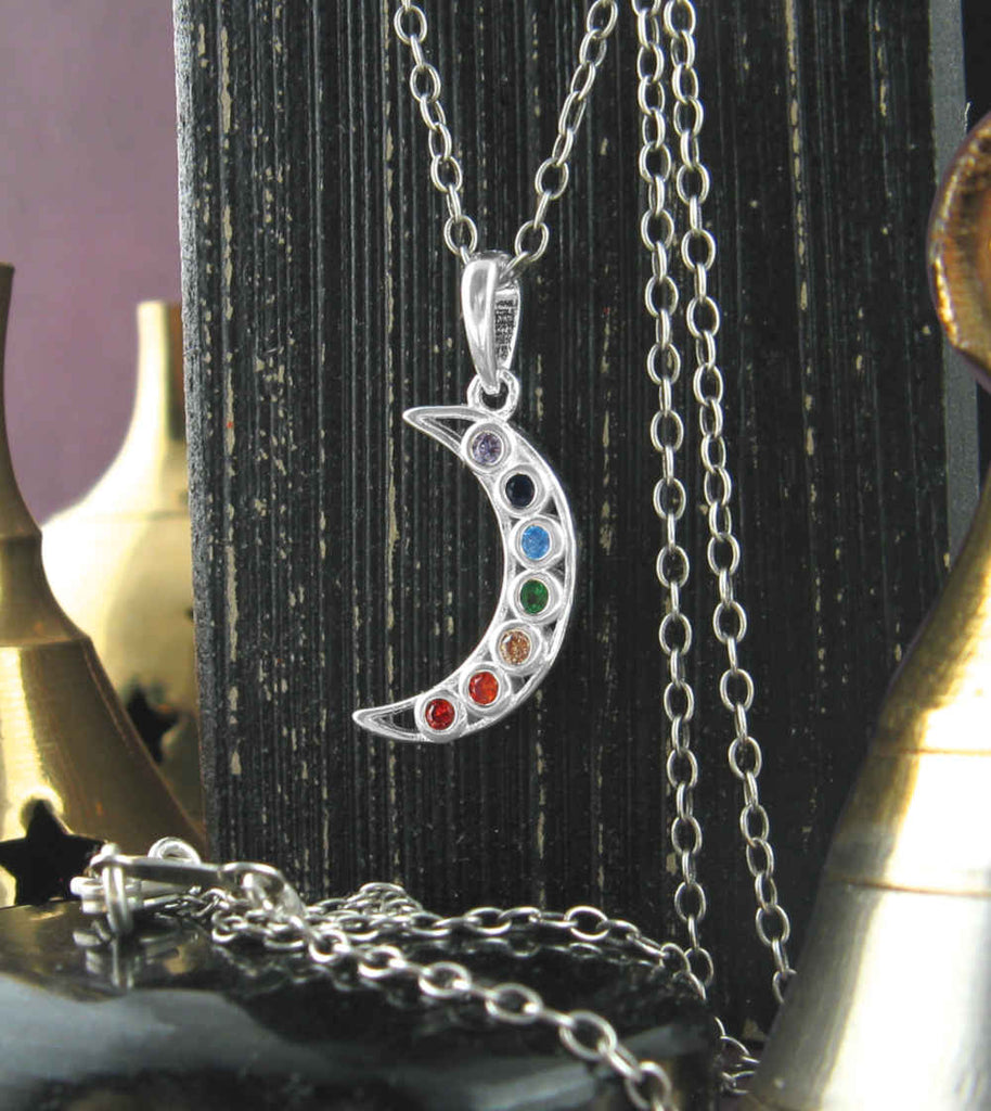 Crescent Moon with Seven Rainbow-Colored CZ Diamonds Pendant | Woot & Hammy