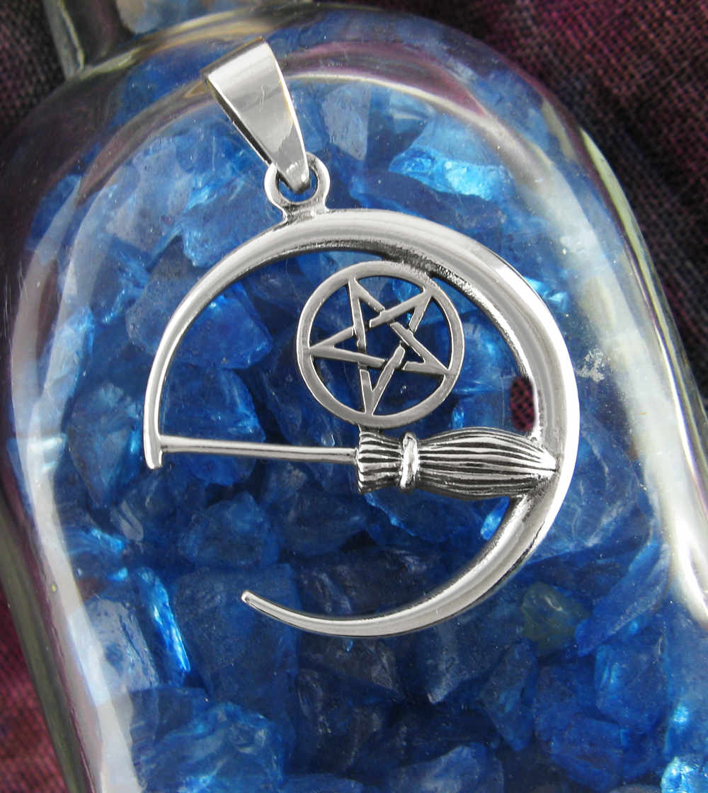 Crescent Moon With Witch's Broom Besom and Pentagram Pentacle Pendant | Woot & Hammy