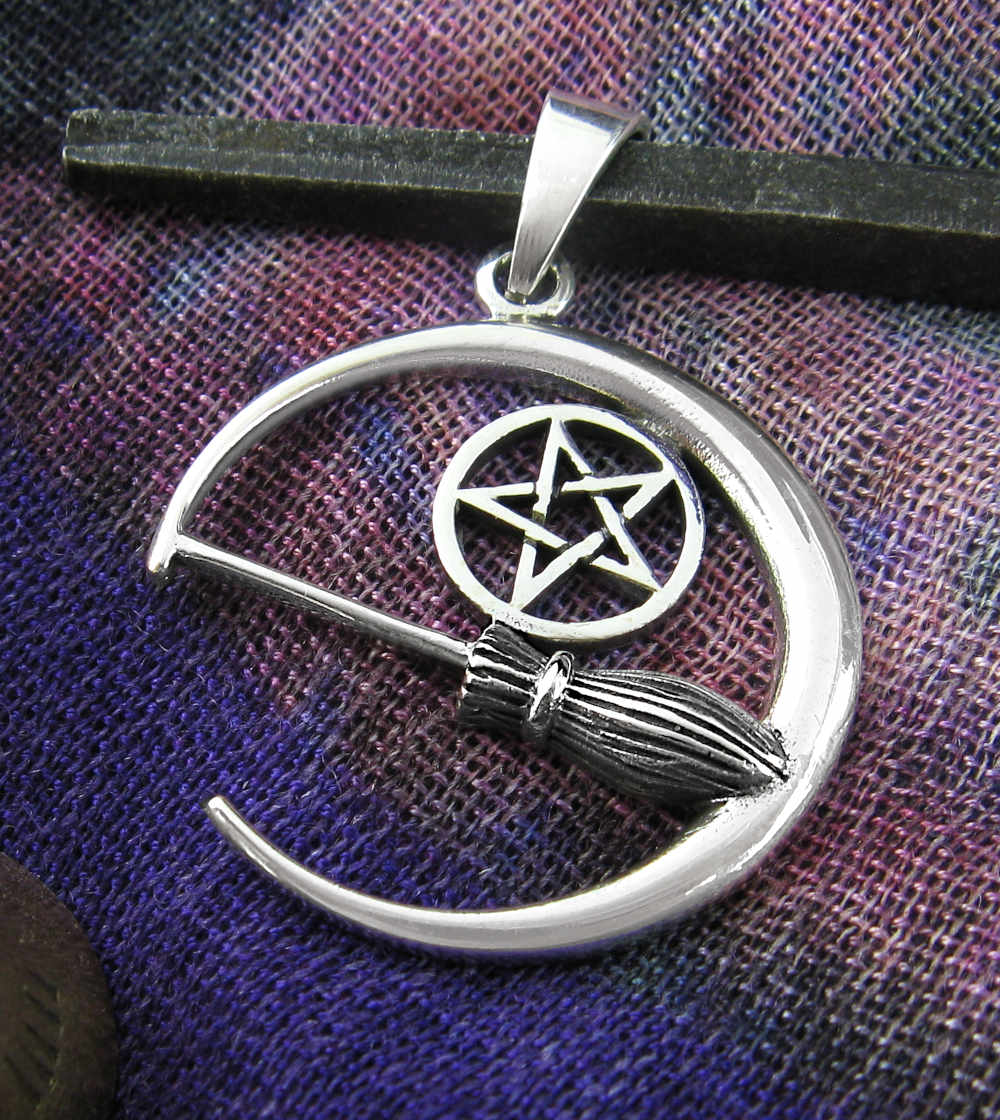 Crescent Moon With Witch's Broom Besom and Pentagram Pentacle Pendant | Woot & Hammy