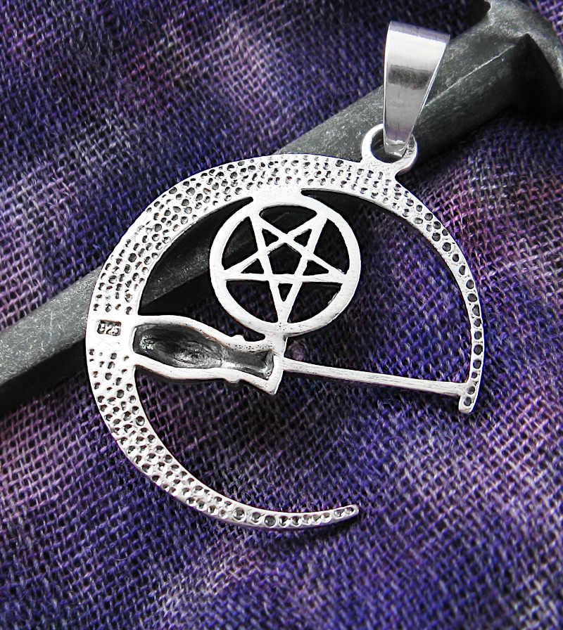 Crescent Moon With Witch's Broom Besom and Pentagram Pentacle Pendant | Woot & Hammy