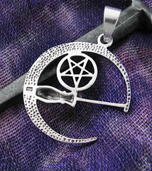 Crescent Moon With Witch's Broom Besom and Pentagram Pentacle Pendant | Woot & Hammy