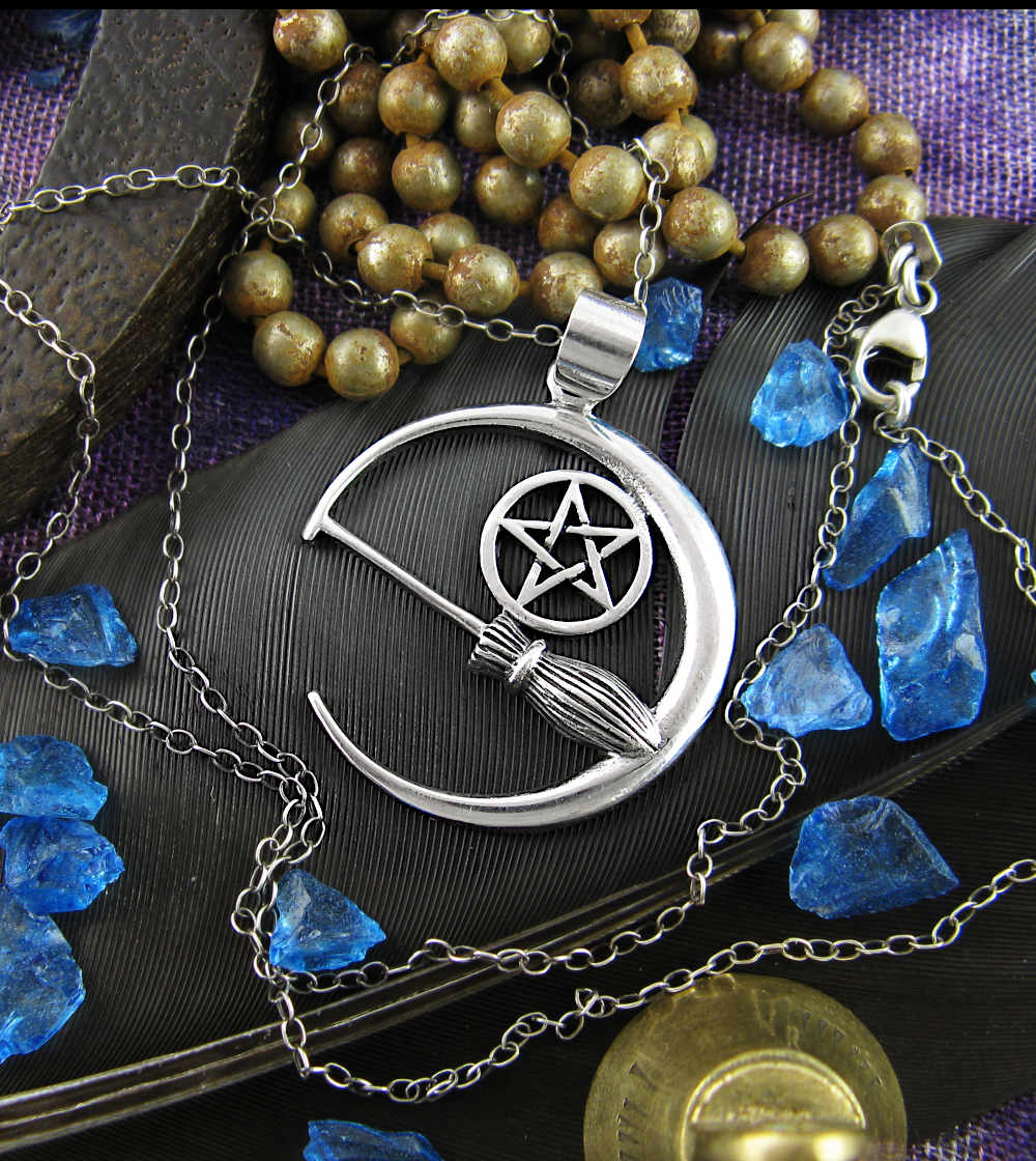 Crescent Moon With Witch's Broom Besom and Pentagram Pentacle Pendant | Woot & Hammy