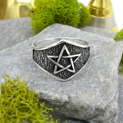 Pentagram Symbol Dark Textured Background On Crown-Like Oxidized Protection Wiccan Pagan Ring | Woot & Hammy
