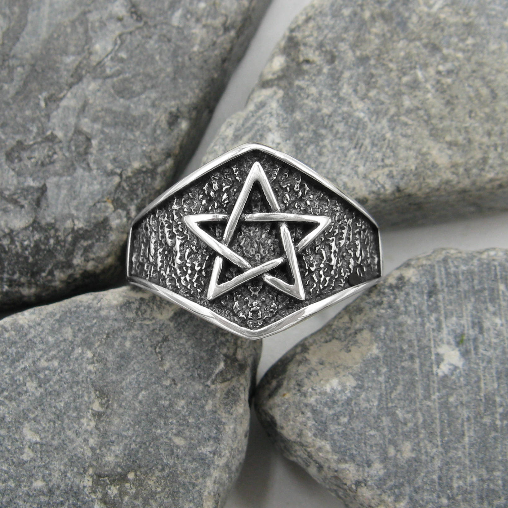 Pentagram Symbol Dark Textured Background On Crown-Like Oxidized Protection Wiccan Pagan Ring | Woot & Hammy