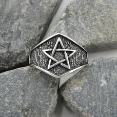 Pentagram Symbol Dark Textured Background On Crown-Like Oxidized Protection Wiccan Pagan Ring | Woot & Hammy