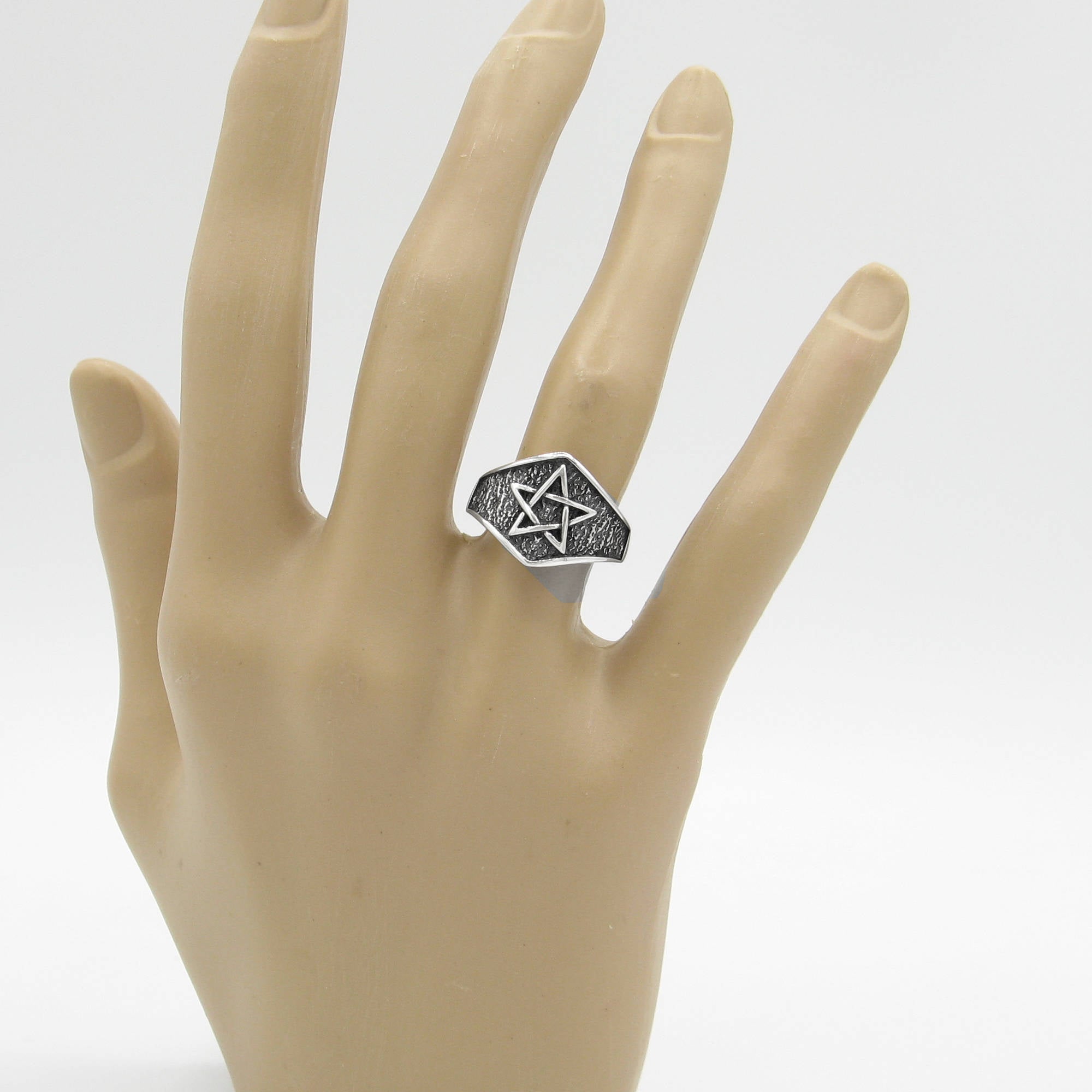 Pentagram Symbol Dark Textured Background On Crown-Like Oxidized Protection Wiccan Pagan Ring | Woot & Hammy