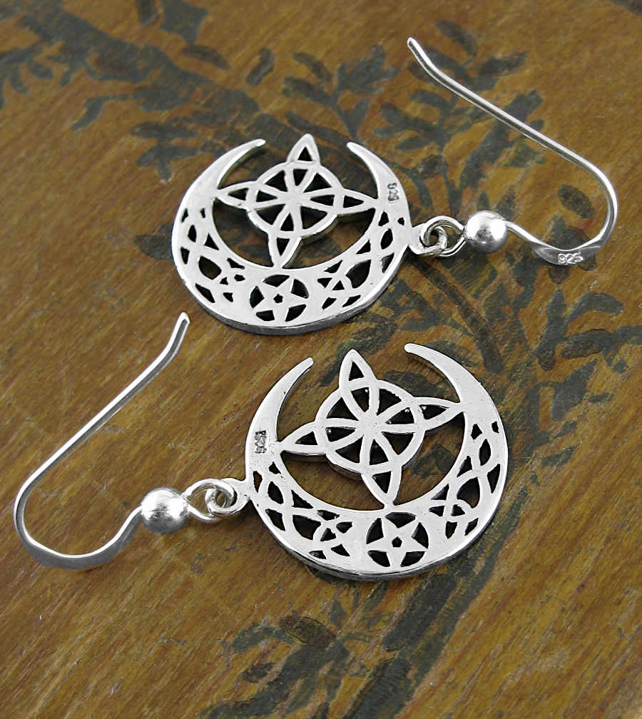 Cut Out Celtic Crescent Moon With Witch's Knot and Pentagram Hook Earrings | Woot & Hammy