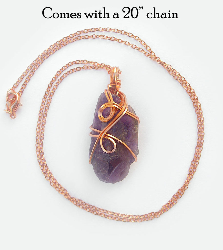 Dark Purple Raw Amethyst Crystal Pendant Necklace w/ 2 Swirls, Copper Wire-Wrapped, w/ 20" Chain, Handmade
