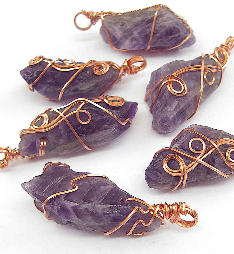 Dark Purple Raw Amethyst Crystal Point Pendant Copper Wire-Wrapped 3-Swirl 20 inch chain Handmade | Woot & Hammy