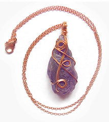 Dark Purple Raw Amethyst Crystal Point Pendant Copper Wire-Wrapped 3-Swirl 20 inch chain Handmade | Woot & Hammy