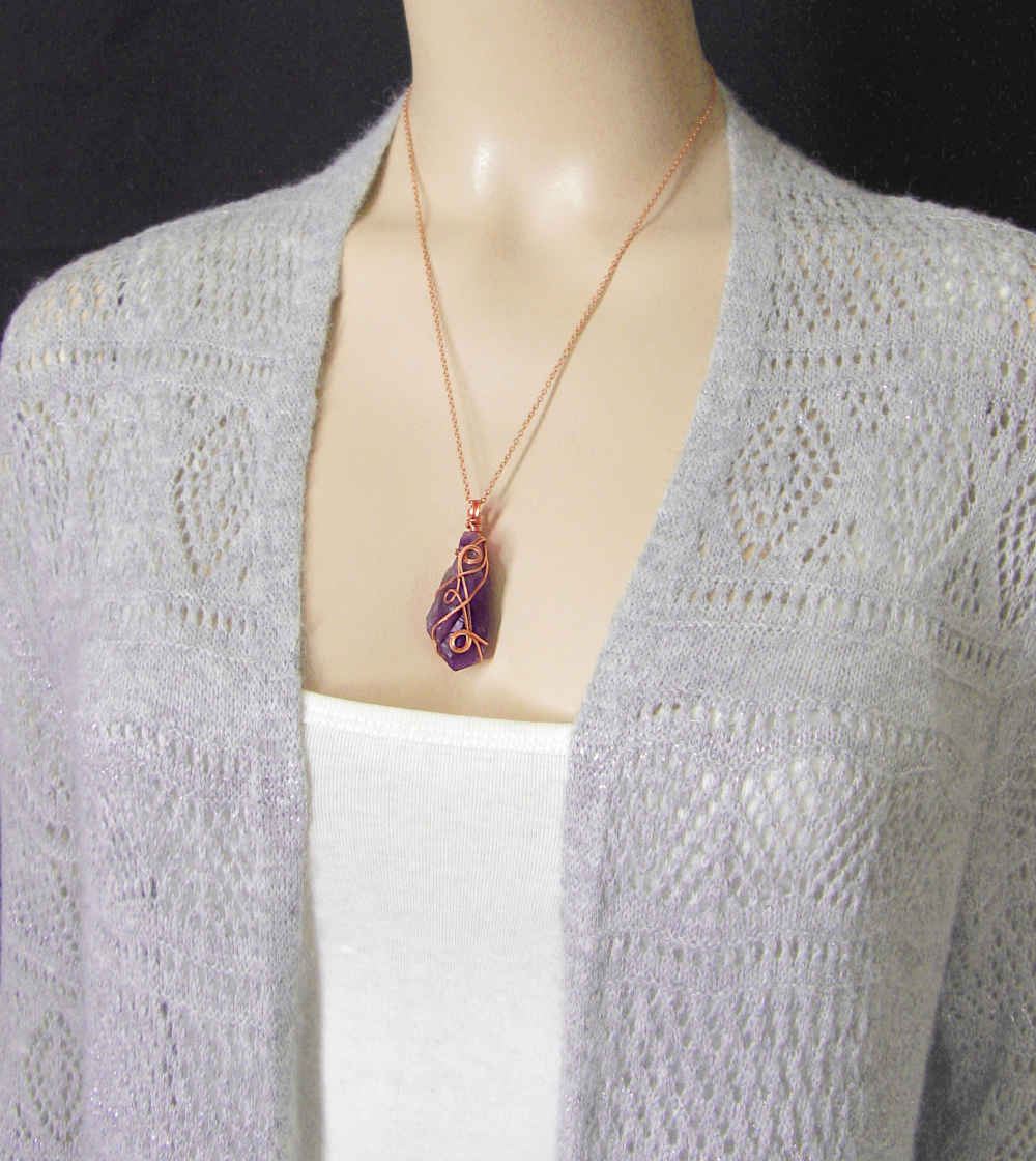 Dark Purple Raw Amethyst Crystal Point Pendant Copper Wire-Wrapped 3-Swirl 20 inch chain Handmade | Woot & Hammy