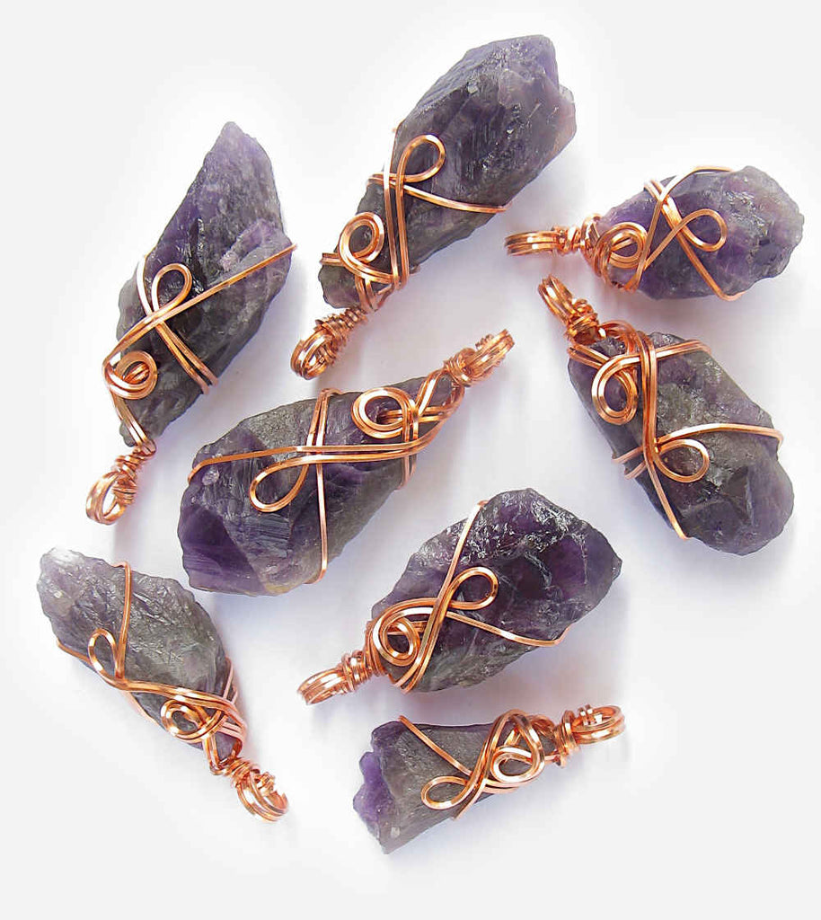 Dark Purple Raw Amethyst Crystal Point Pendant Copper Wire-Wrapped 2-Swirl w/ 20 Inch Chain Handmade | Woot & Hammy