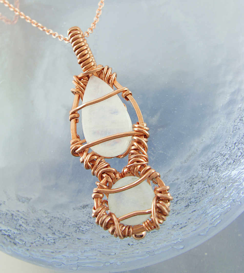 Polished Double Moonstones Wrapped in Copper Wire Pendant with 20" Chain, Handmade  | Woot & Hammy