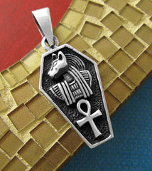 Ancient Egyptian Cat Goddess Bastet and Ankh Protective Oxidized Coffin-Shaped Pendant | Woot & Hammy