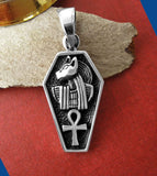 Ancient Egyptian Cat Goddess Bastet and Ankh Protective Oxidized Coffin-Shaped Pendant | Woot & Hammy