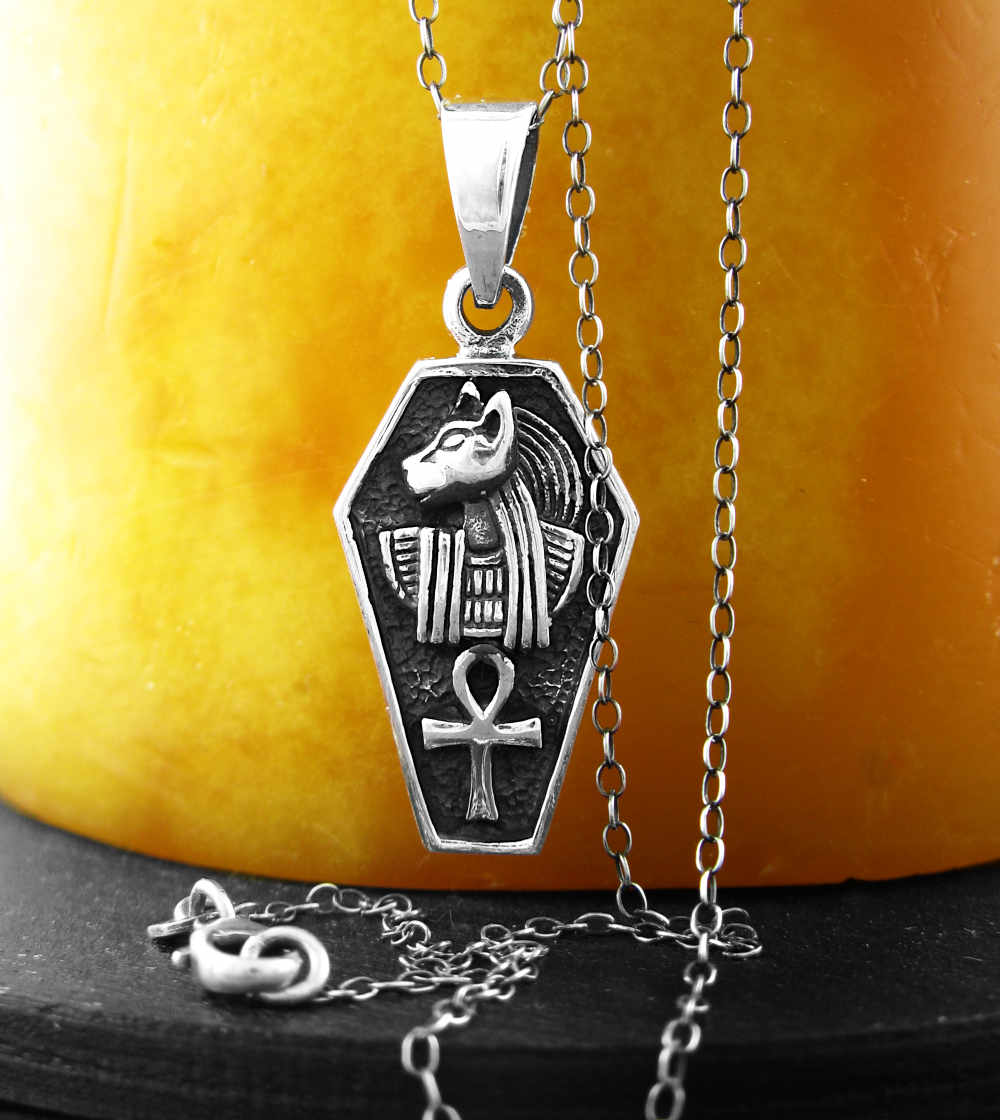 Ancient Egyptian Cat Goddess Bastet and Ankh Protective Oxidized Coffin-Shaped Pendant | Woot & Hammy