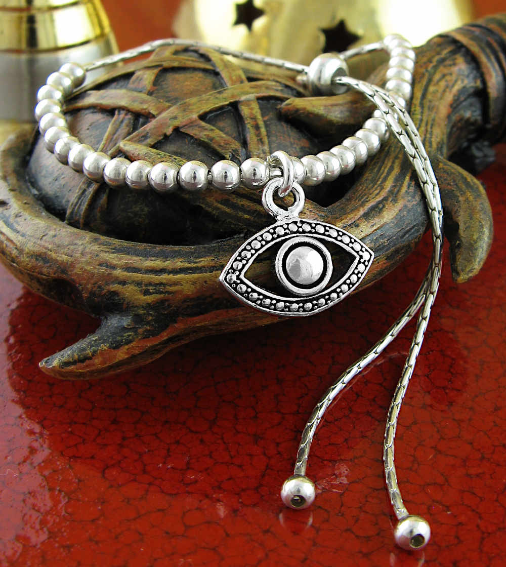 Evil Eye Charm With Silver Balls Adjustable Slipknot Protection Positive Energy Bracelet | Woot & Hammy