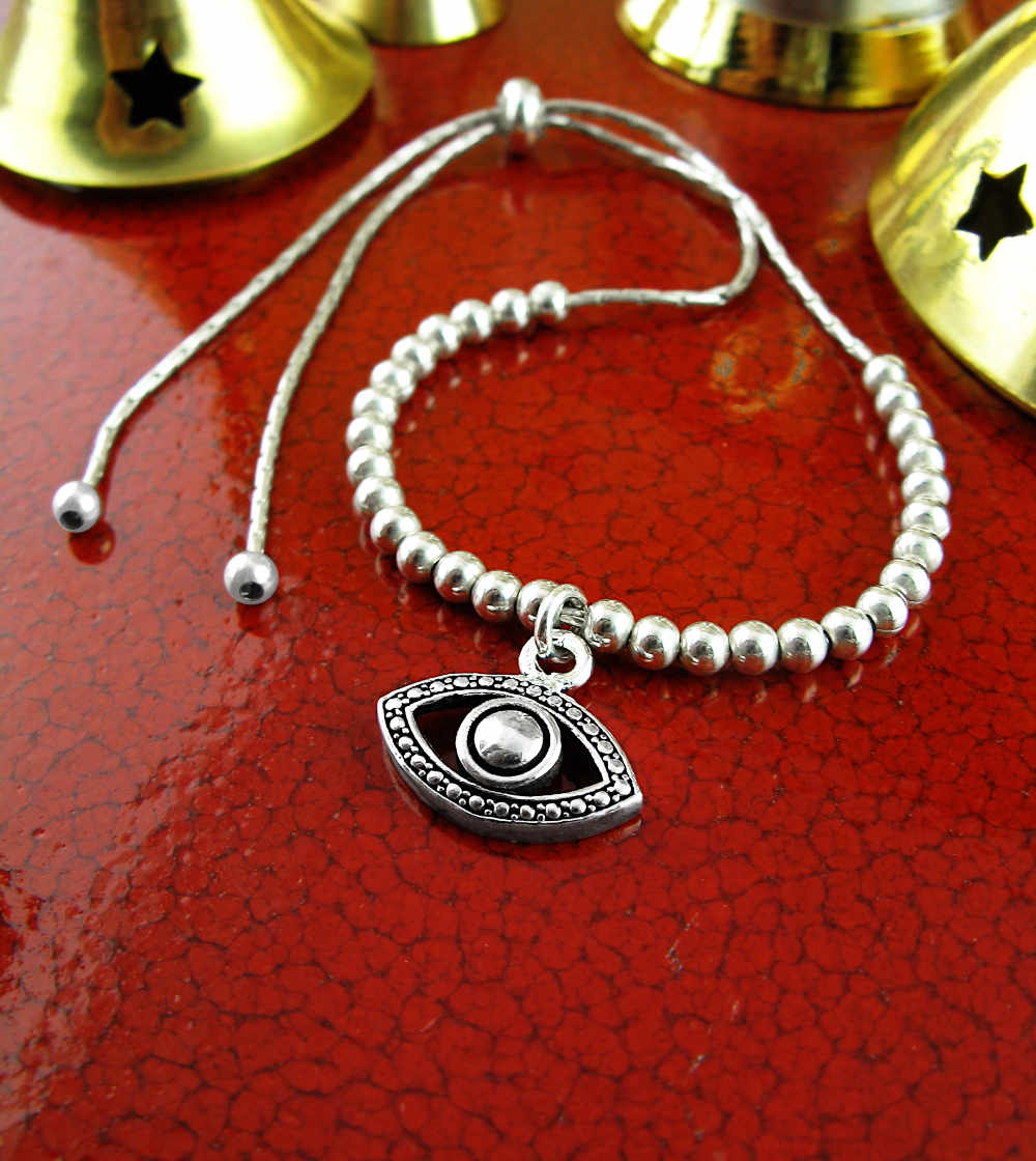 Evil Eye Charm With Silver Balls Adjustable Slipknot Protection Positive Energy Bracelet | Woot & Hammy