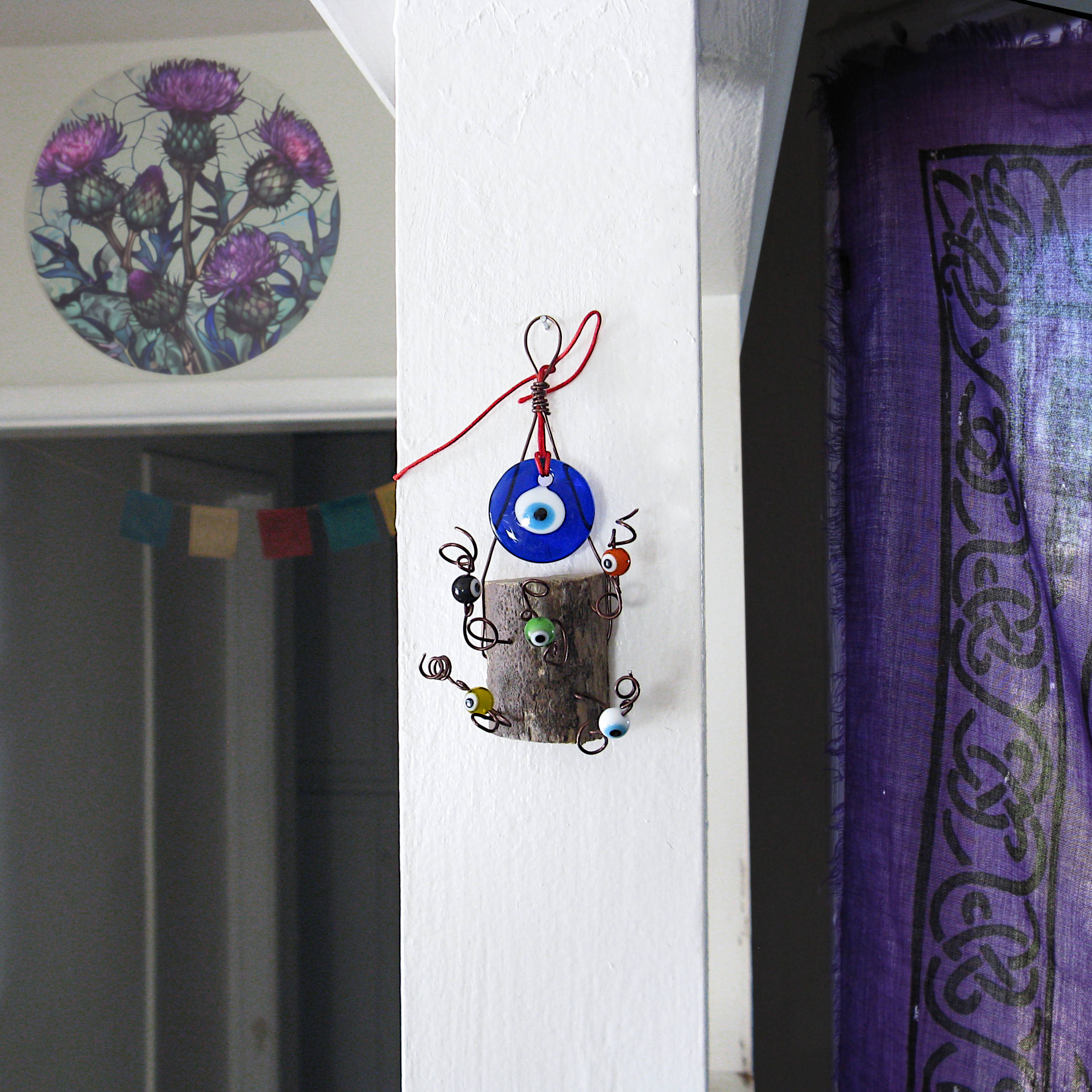 Evil Eye Wall Hanging with Wood Chunk Protection Handcrafted Wiccan Pagan Rustic Primitive Sacred Space Nature Luck Magick Alternative Decor | Woot & Hammy