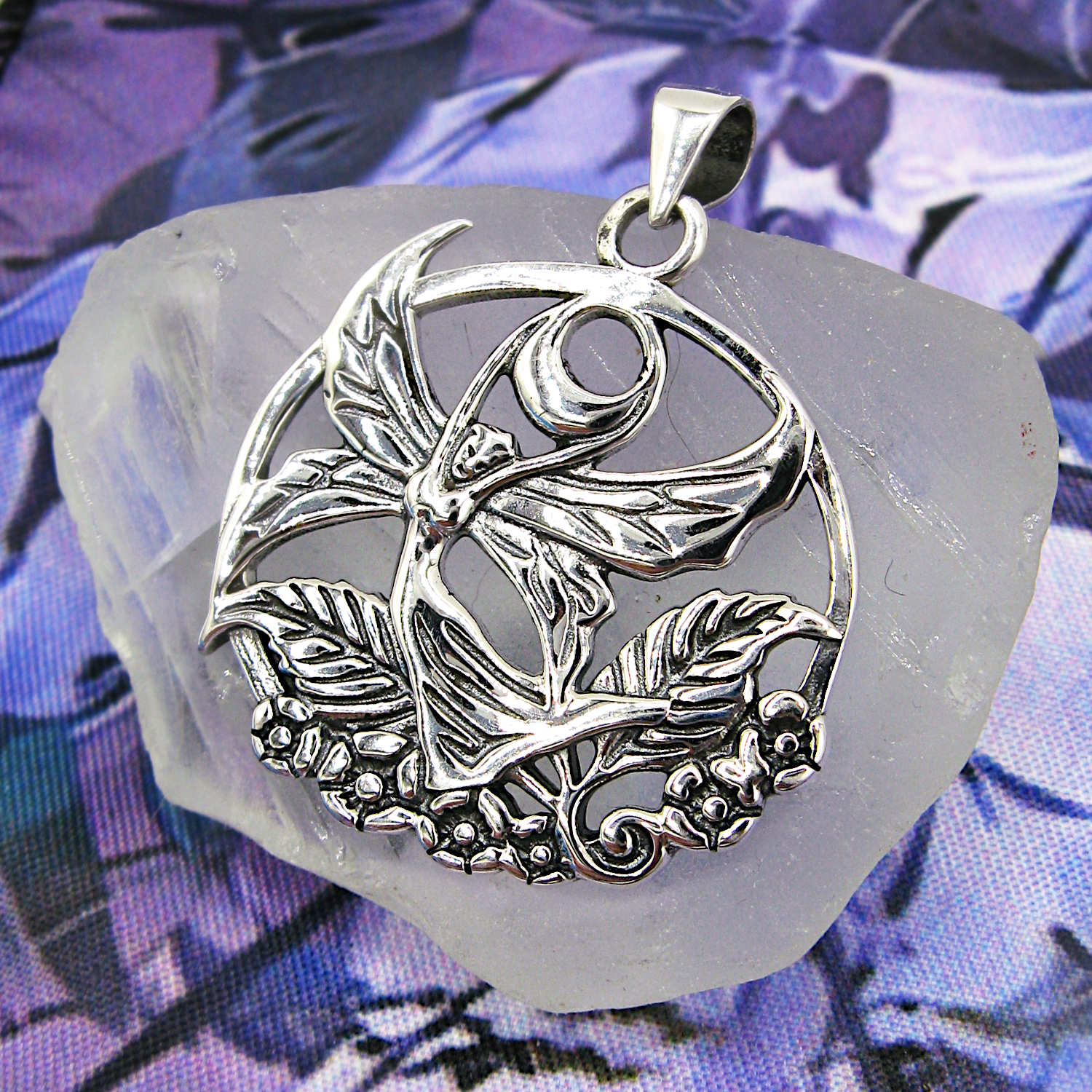 Winged Fairy Faerie Dryad Wood Nymph Crescent Moon Flowers Cut-Out Pendant | Woot & Hammy