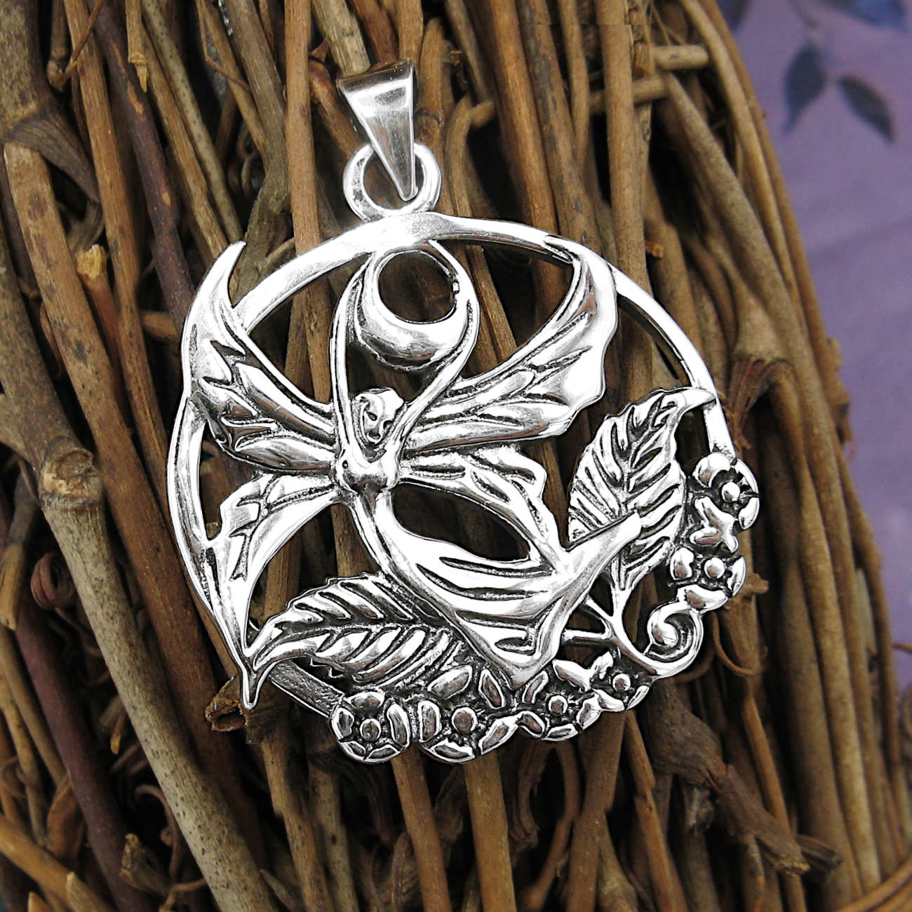 Winged Fairy Faerie Dryad Wood Nymph Crescent Moon Flowers Cut-Out Pendant | Woot & Hammy