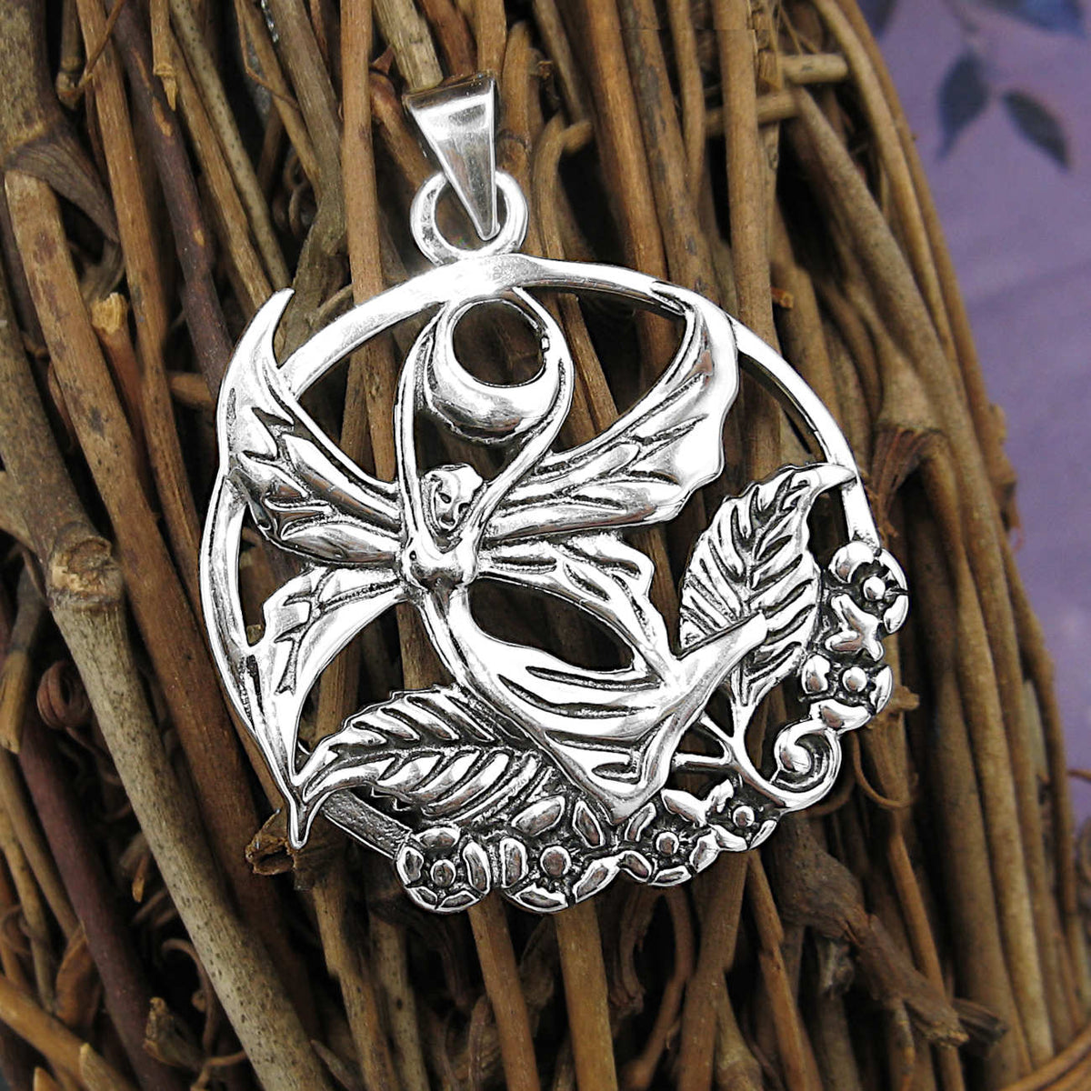 Winged Fairy Faerie Dryad Wood Nymph Crescent Moon Flowers Cut-Out Pendant | Woot & Hammy