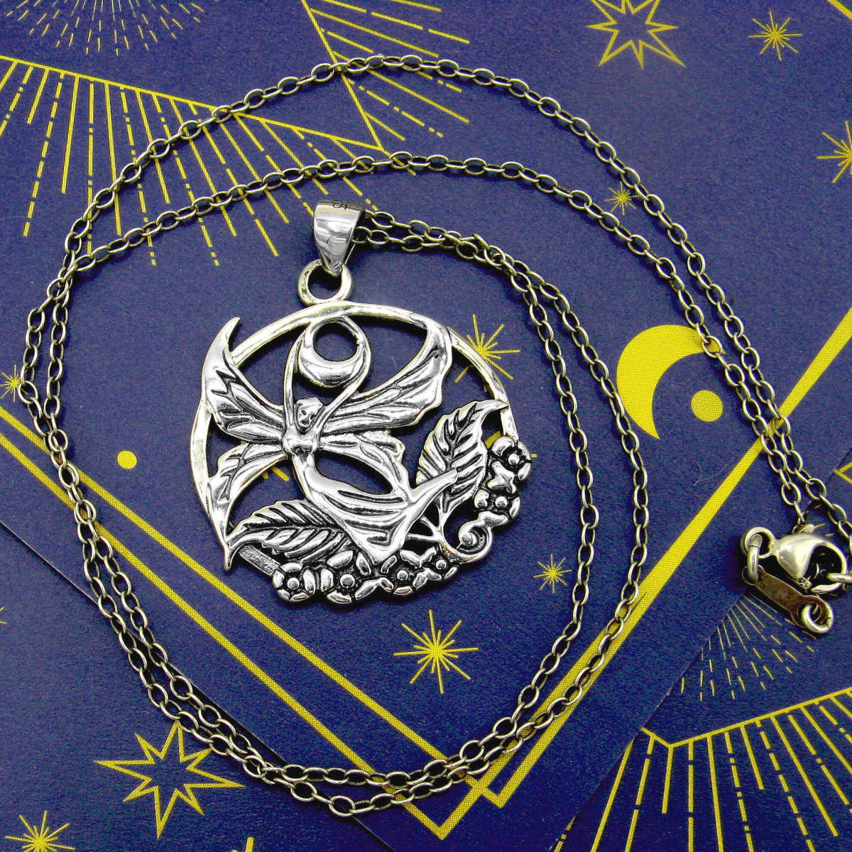 Winged Fairy Faerie Dryad Wood Nymph Crescent Moon Flowers Cut-Out Pendant | Woot & Hammy