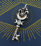 Old-Fashioned Key Pendant With Triple Moon, Crescent & Opal Cabochon, Handmade
