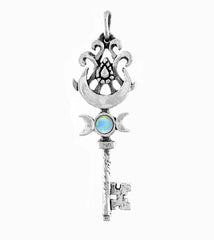 Old-Fashioned Key With Triple Moon, Crescent, and Opal Cabochon Pendant in Fine Silver - Handmade  | Woot & Hammy