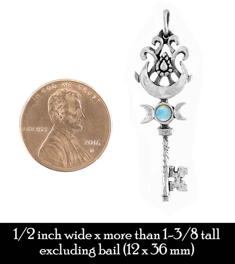 Old-Fashioned Key With Triple Moon, Crescent, and Opal Cabochon Pendant in Fine Silver - Handmade  | Woot & Hammy