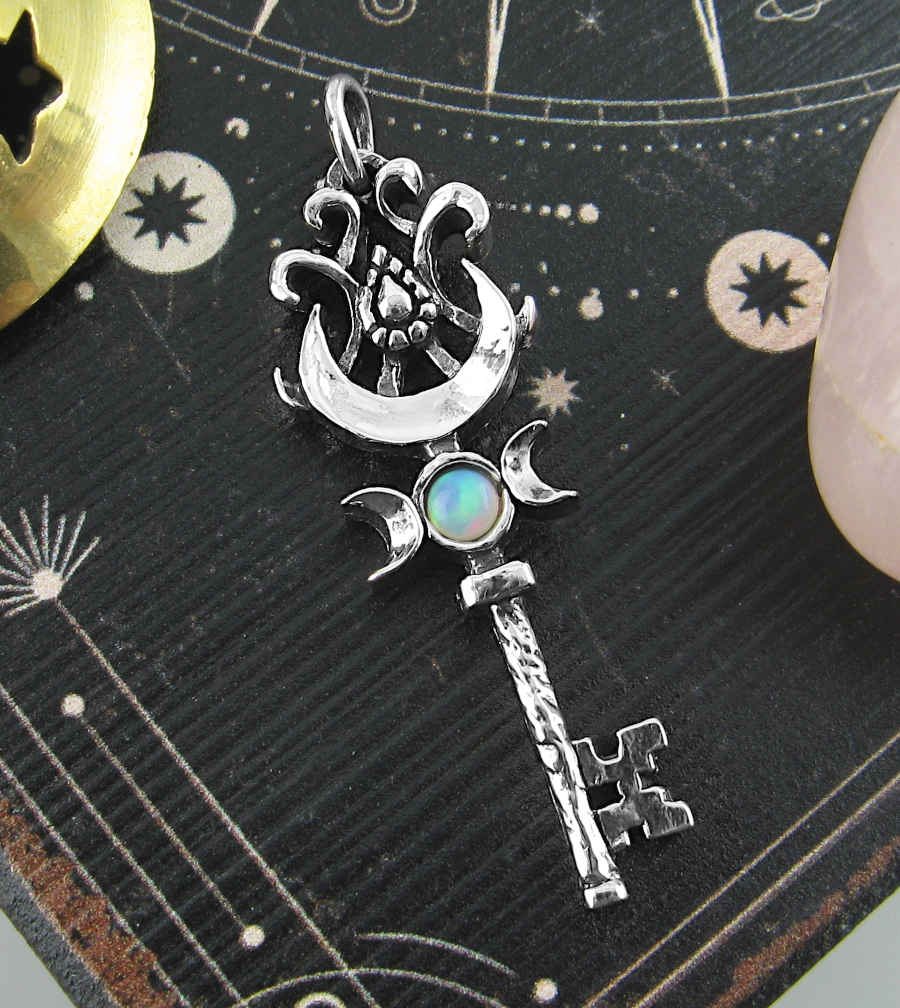 Old-Fashioned Key With Triple Moon, Crescent, and Opal Cabochon Pendant in Fine Silver - Handmade  | Woot & Hammy