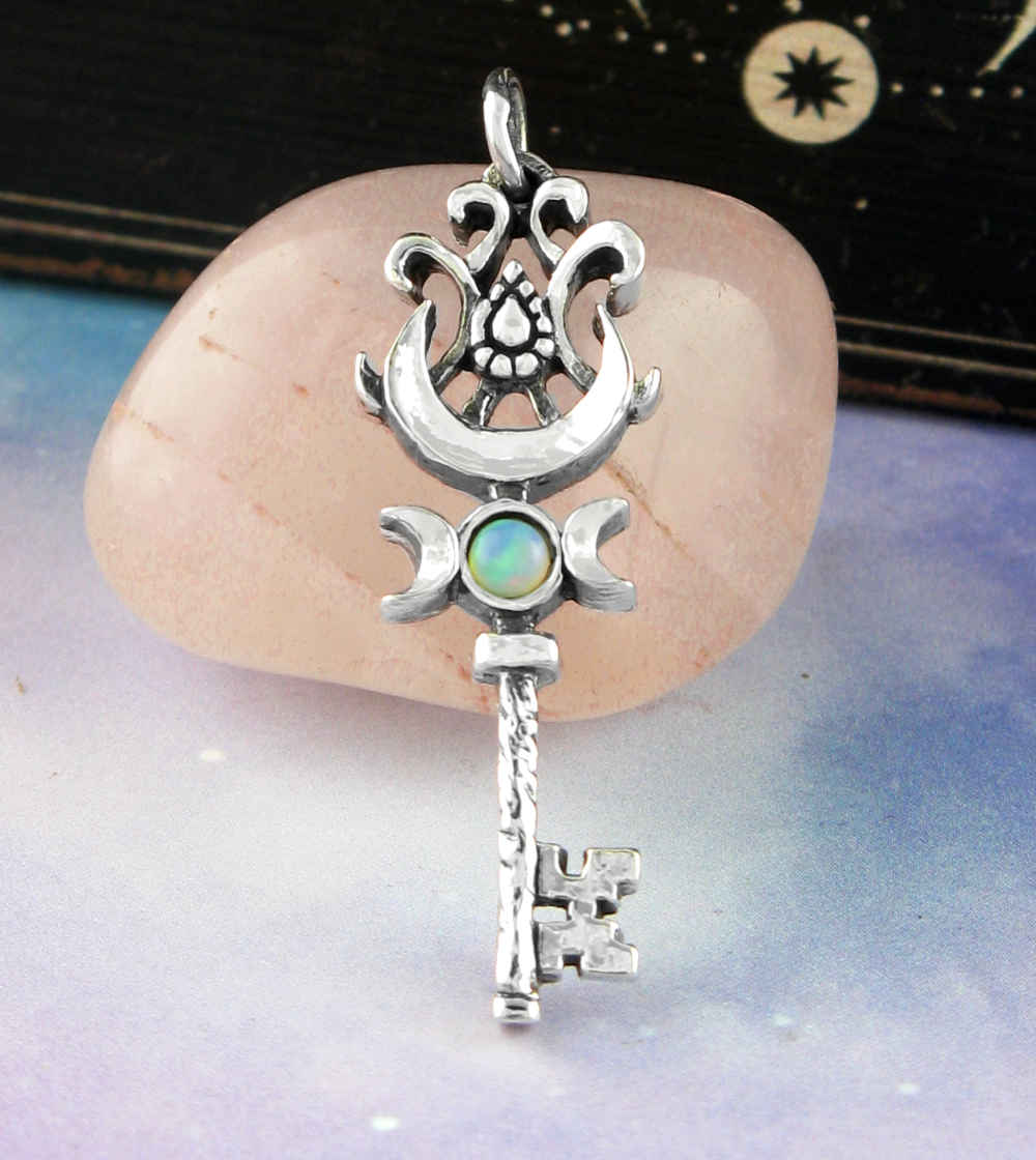 Old-Fashioned Key With Triple Moon, Crescent, and Opal Cabochon Pendant in Fine Silver - Handmade  | Woot & Hammy