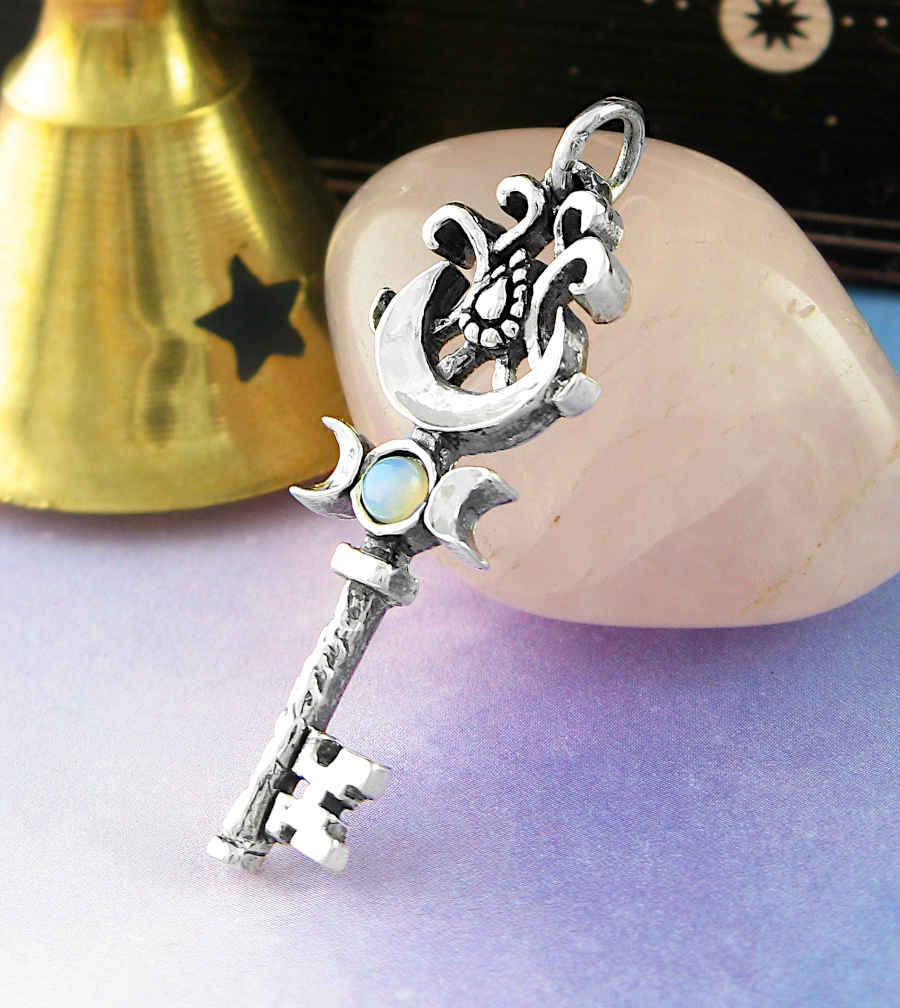 Old-Fashioned Key With Triple Moon, Crescent, and Opal Cabochon Pendant in Fine Silver - Handmade  | Woot & Hammy