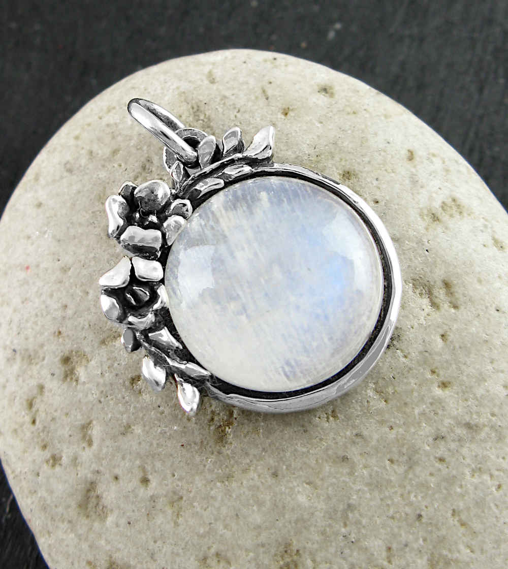 Floral Vines Moonstone Gemstone Cabochon Pendant Handmade Fine Silver | Woot & Hammy