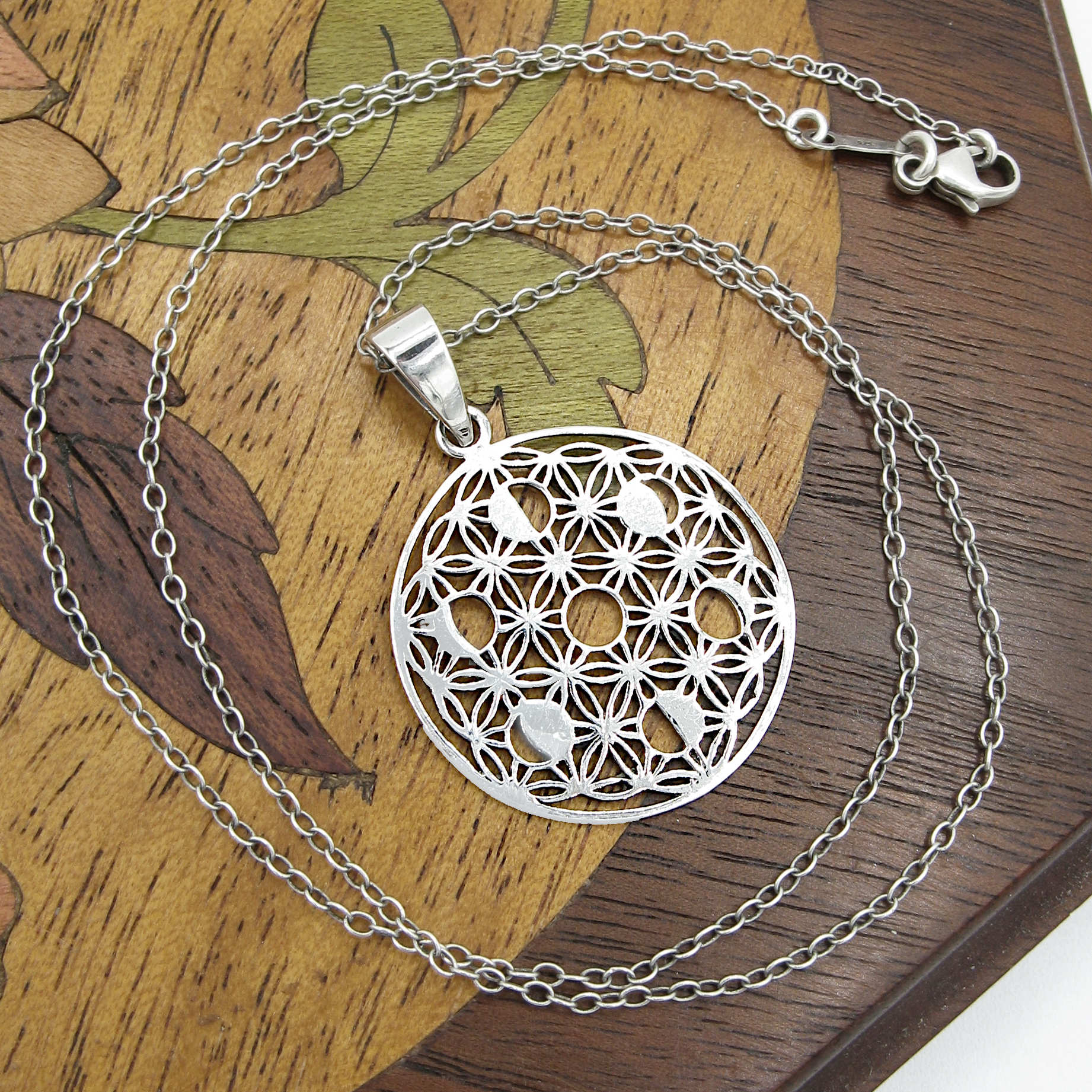 Flower of Life Moon Phases Cut-Out Sacred Geometry Pendant Interconnectedness Universe Cosmos | Woot & Hammy