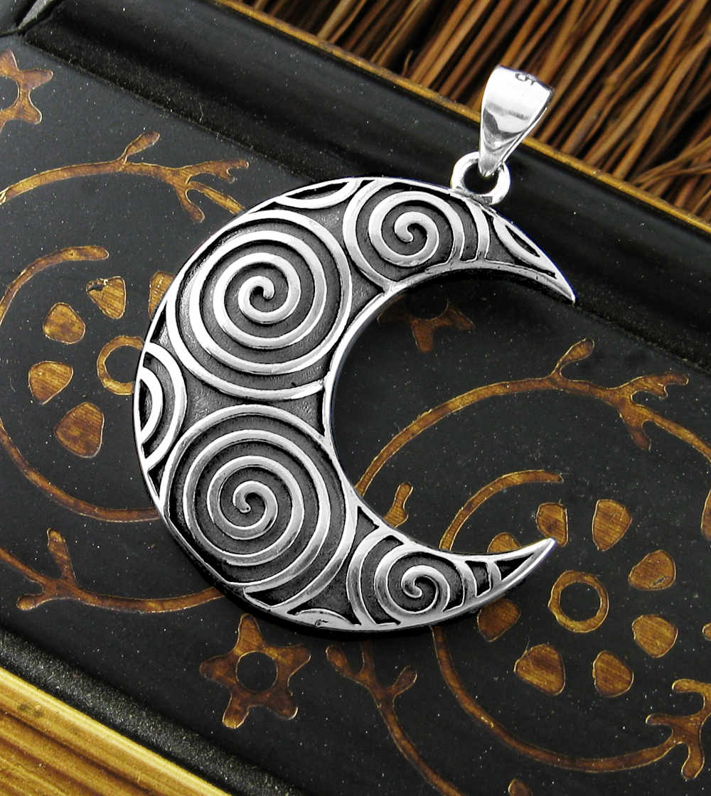 Full Crescent Moon with Vibrant Spirals Pattern Oxidized Pendant | Woot & Hammy