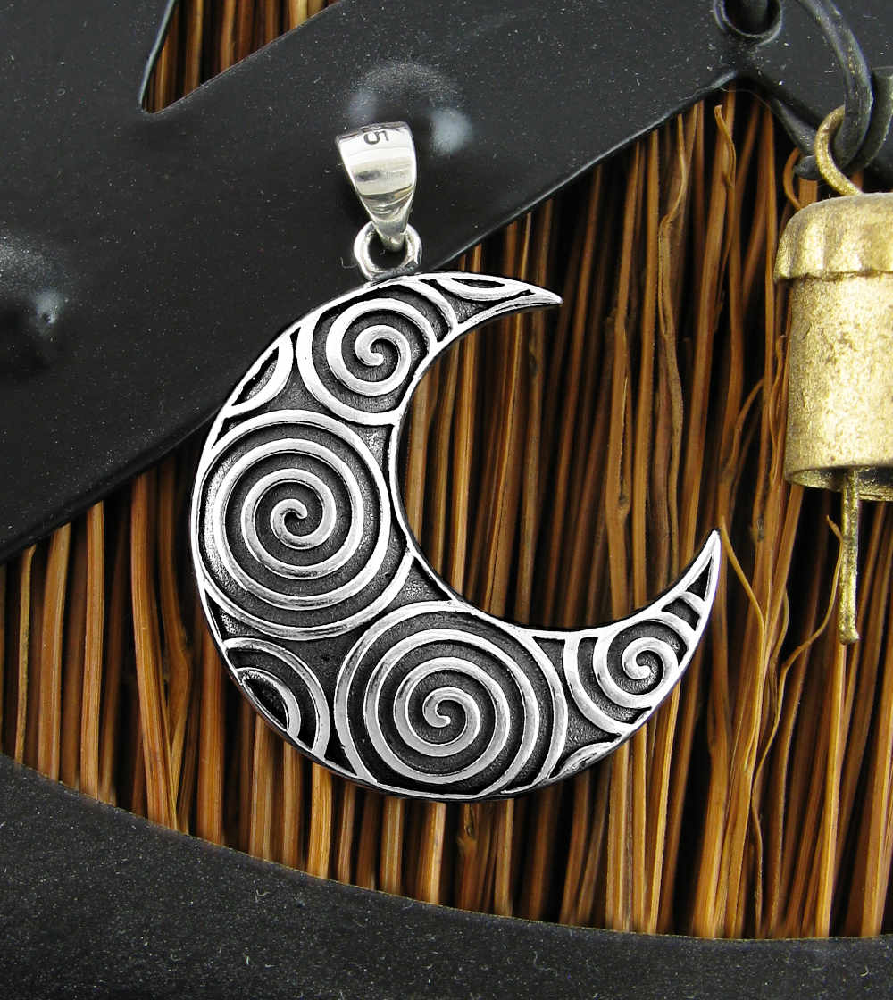 Full Crescent Moon with Vibrant Spirals Pattern Oxidized Pendant | Woot & Hammy