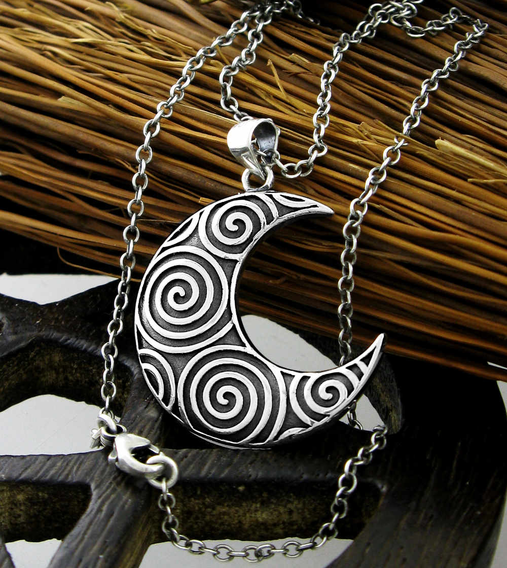 Full Crescent Moon with Vibrant Spirals Pattern Oxidized Pendant | Woot & Hammy