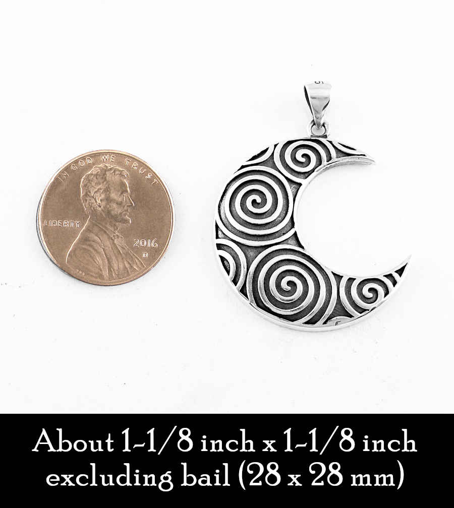 Full Crescent Moon with Vibrant Spirals Pattern Oxidized Pendant | Woot & Hammy