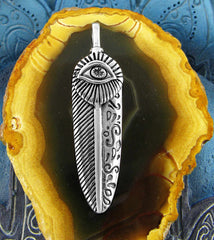 Upright Feather With Evil Eye and Decorative Scrolls Asymmetrical Oxidized Pendant | Woot & Hammy